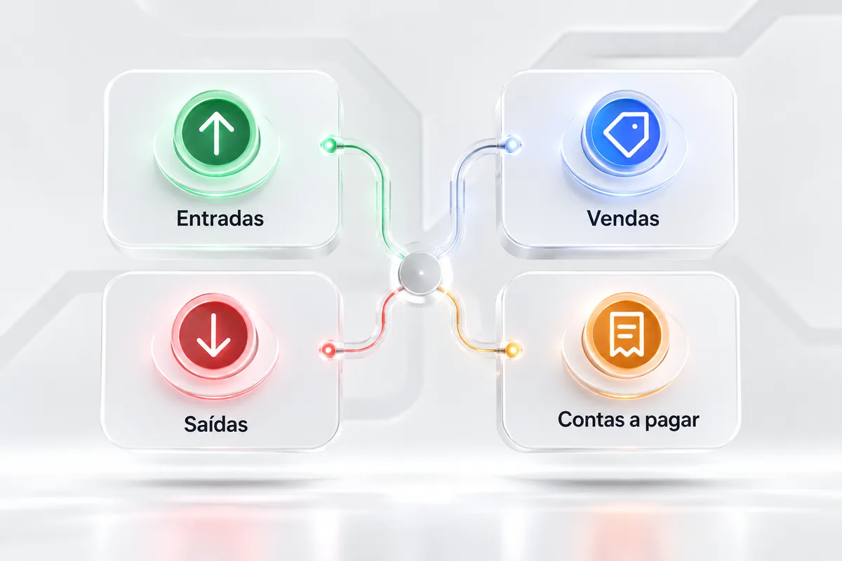 Painel com entradas, vendas, saídas e contas a pagar